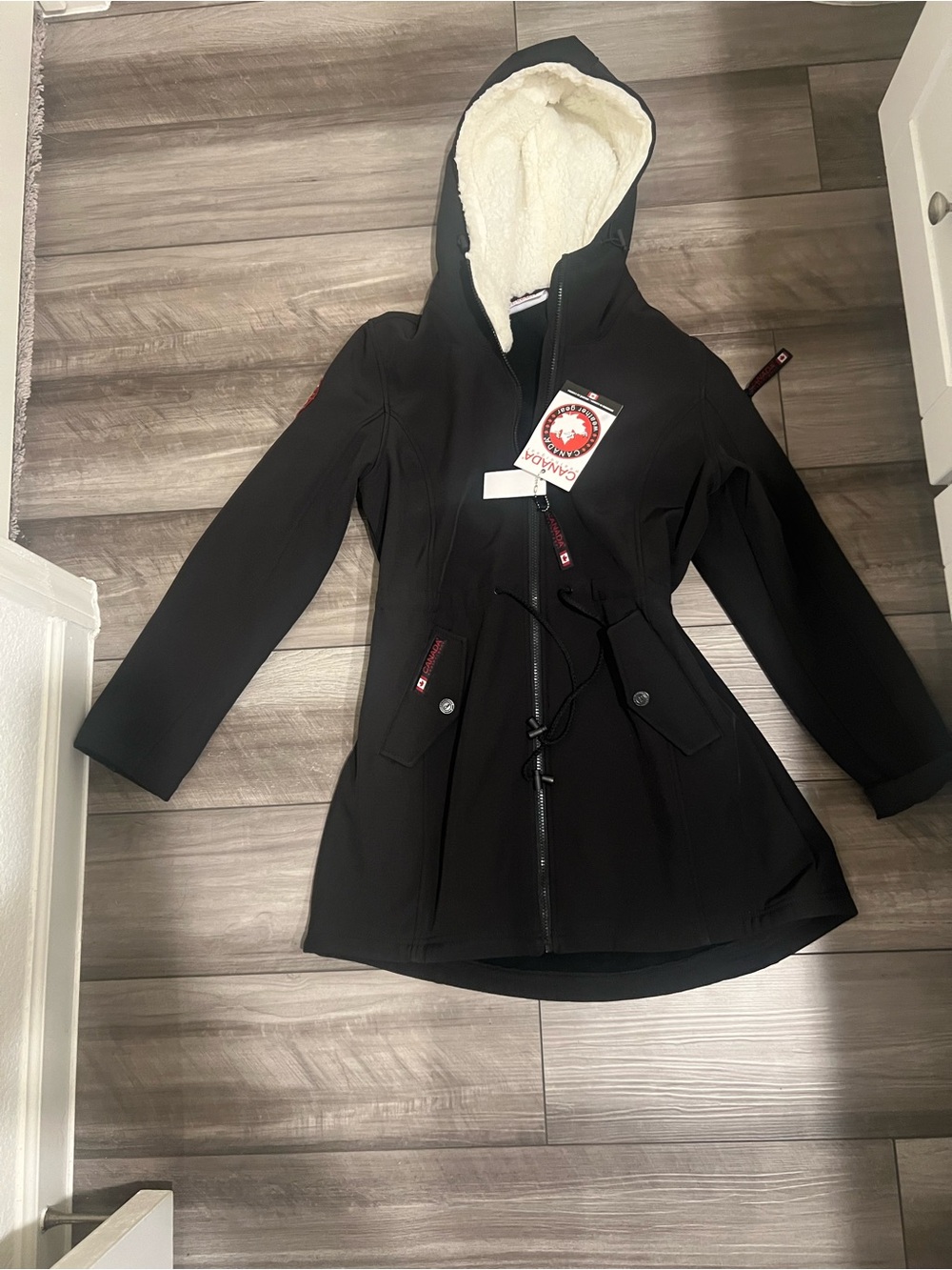Black Hooded Trench Coat with Cream Sherpa Lining